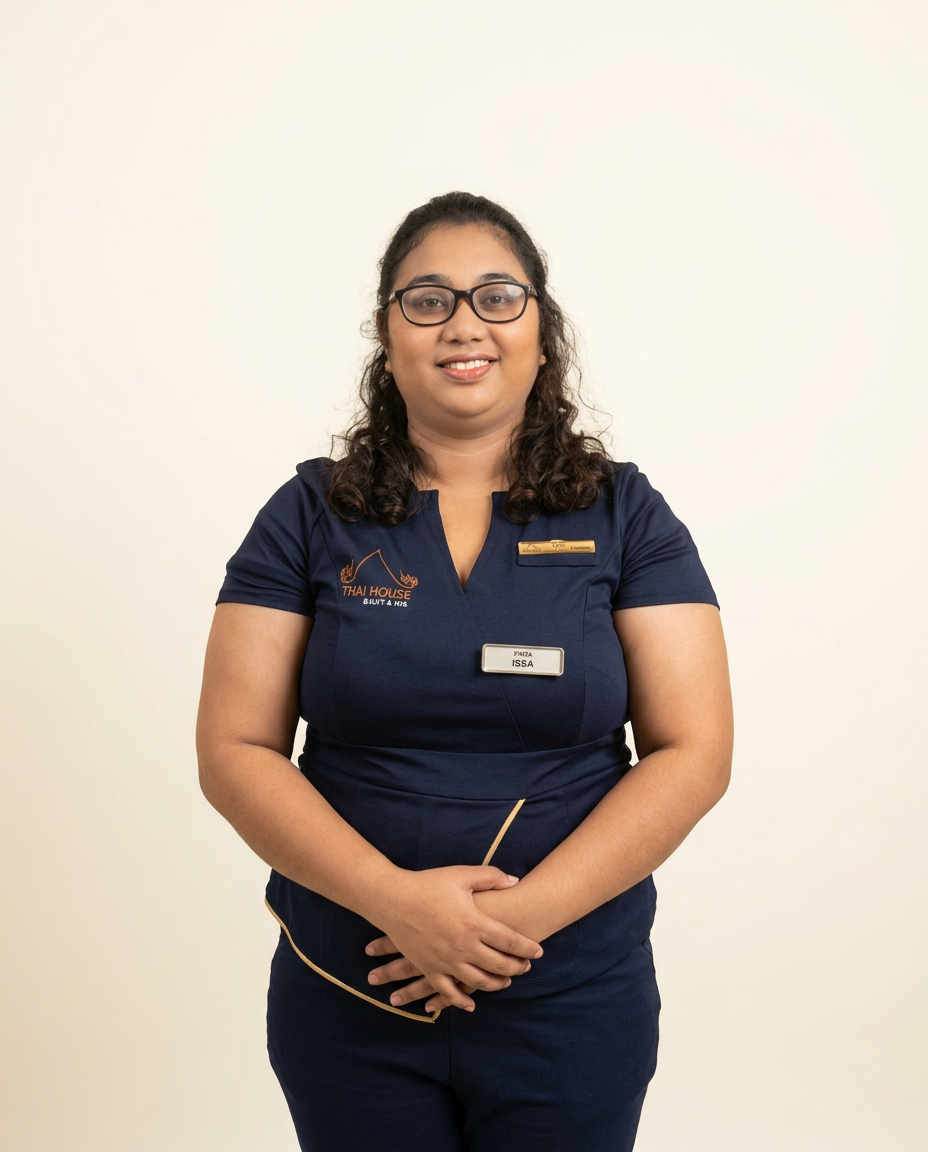 Thai House coordinator in a navy uniform on a cream background