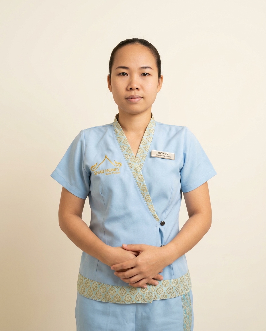 Honey, beauty therapist, in a pale blue Thai House uniform on a cream background